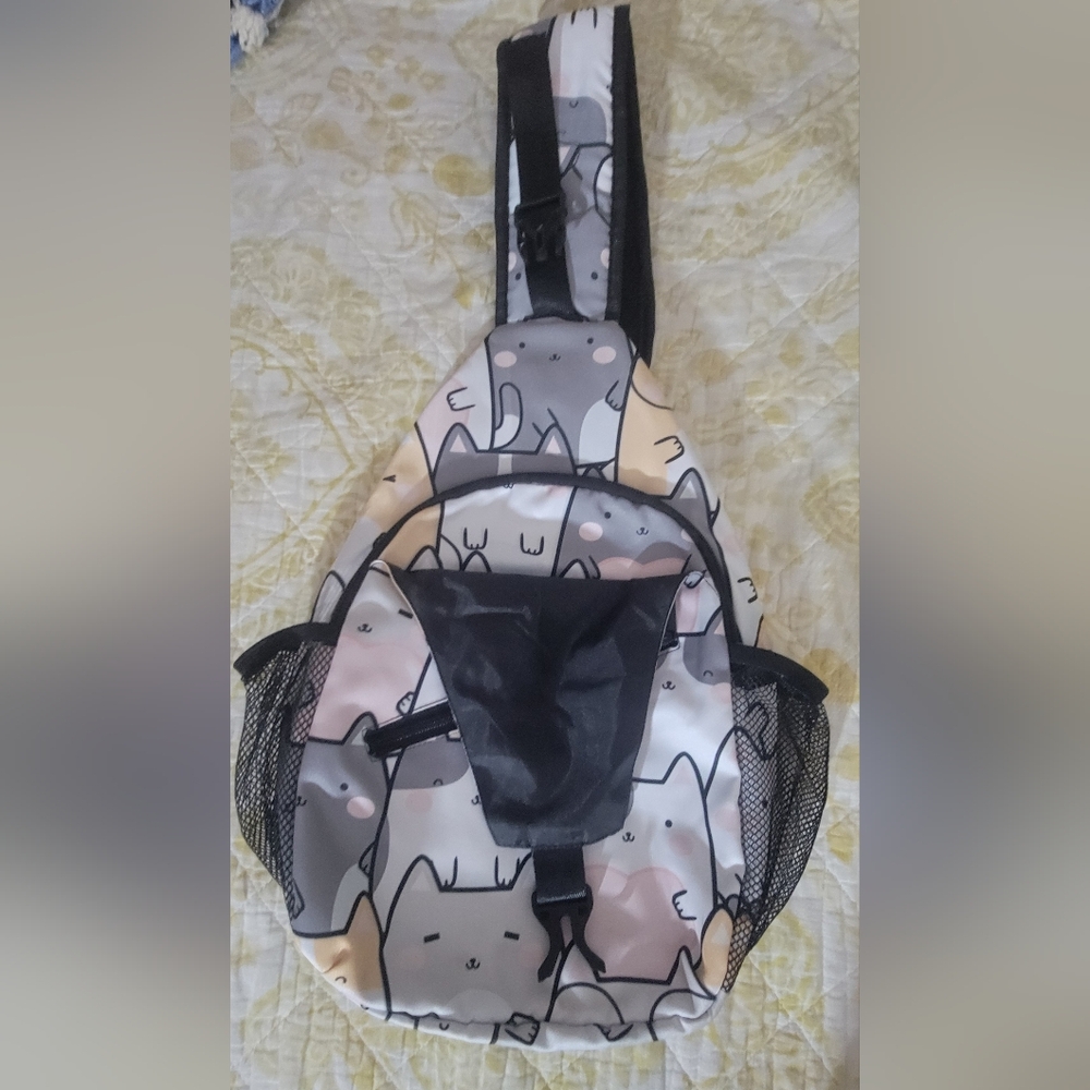 Cute Cat Print Sling Backpack in Gray and Pink - Picture 2 of 3